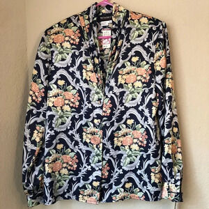 Vintage Notations Top Womens Size 10 Silky Faux Blue Floral Print 70s Maximalist